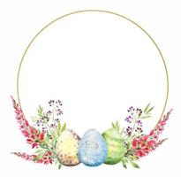 Easter floral wreath with a golden round frame, with red flowers, branches, leaves and eggs. Bouquet of flowers, watercolor illustration. vector