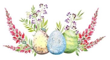 Easter flower composition with red and yellow flowers, branches, leaves and eggs. Bouquet of flowers, watercolor illustration. vector
