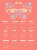 Calendar 2023 with butterfly in zentangle style. Week starts on Sunday. vector