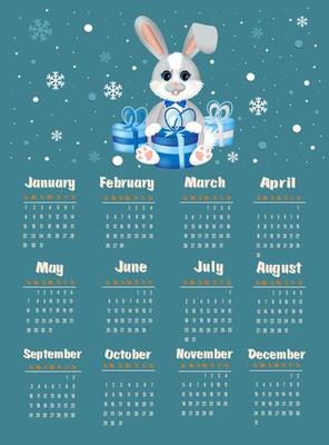 Calendar 2023 with symbol of the year hare or rabbit. Cute little hare or rabbit in cartoon style. Week starts on Sunday.