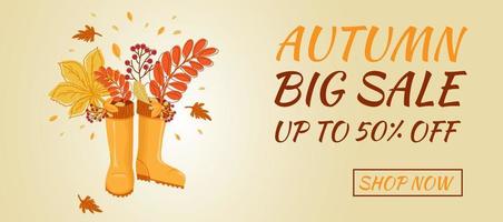 Autumn sale banner. Hello autumn. Rubber boots with autumn leaves. vector