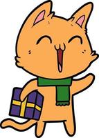 gato de dibujos animados feliz con regalo de navidad vector
