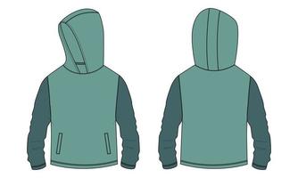 sudadera con capucha de manga larga con cremallera vista frontal y trasera de la plantilla de dibujo técnico de moda. ropa vestido diseño ilustración vectorial maqueta chaqueta cad. vector