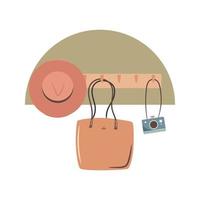 Indoor hanger with hat, shopper and camera. Lifestyle concept. vector