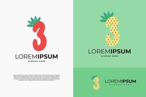 number 3 in strawberry style with green leaves vector