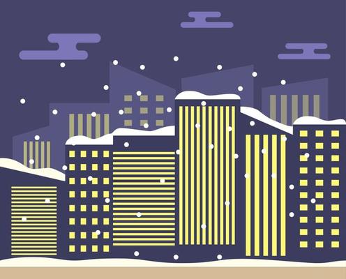 Winter night city landscape snowfall from sky and skyscrapers with roofs in snow.Urban of the building.A concept of design of a banner for the website.In flat vector.Downtown with road and sidewalk.