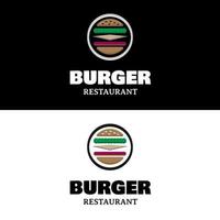 Burger restaurant fast food vintage logo design with bread cheese lettuce and meat neatly arranged vector