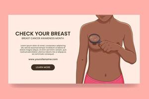 Breast cancer awareness month banner template, black woman performing monthly self exam with magnifying glass vector