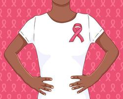 Breast cancer awareness month. Black woman wearing pink ribbon vector