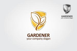 plantilla de logotipo de vector de jardinero. ilustración de hojas sobre un fondo de escudo dorado. este logotipo se puede utilizar para paisajismo, negocios de jardinería, pero también en campos relacionados con la naturaleza.