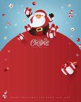 santa claus con una bolsa enorme en la carrera para entregar regalos de navidad en la caída de nieve. feliz navidad texto letras caligráficas ilustración vectorial. vector