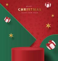 Merry Christmas banner with product display cylindrical shape and festive decoration for christmas vector