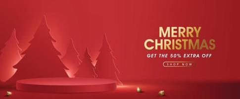 banner de venta de feliz navidad con forma cilíndrica de exhibición de productos y estilo de corte de papel de árbol de navidad