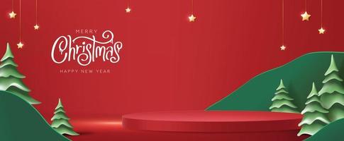 banner de feliz navidad con forma cilíndrica de exhibición de productos y estilo de corte de papel de árbol de navidad vector