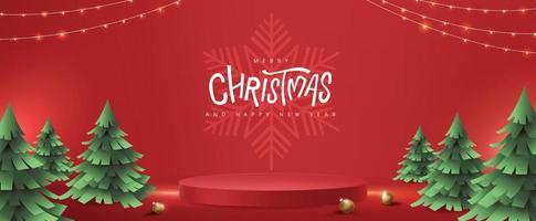 banner de feliz navidad con forma cilíndrica de exhibición de productos y estilo de corte de papel de árbol de navidad vector