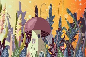 A magical forest, garden landscape with a cute fantasy mushroom house, a spider web with a spider, leaves and plants vector