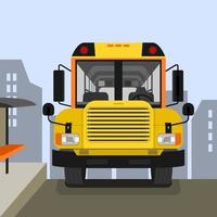 Editable Front View School Bus on Road Vector Illustration With Cityscape Silhouette Background for Transportation Vehicle or School and Education Related Design