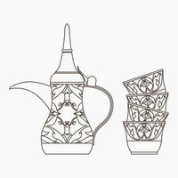 Editable Isolated Side View Arabian Dallah Coffee Pot and Finjan Cups Stack Vector Illustration in Outline Style for Cafe with Middle Eastern Culture Tradition and Islamic Moments Related Design