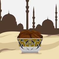 Editable Side View Arabian Dates Fruit on a Patterned Bowl Vector Illustration With Desert and Mosque Silhouette Background for Islamic Theme Purposes and Arab Culture or Healthy Foods Design