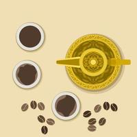 Editable Top View Arabian Coffee in Finjan Cups and Dallah Pot With Roasted Beans Vector Illustration for Middle Eastern Culture Tradition Cafe and Islamic Moments Design