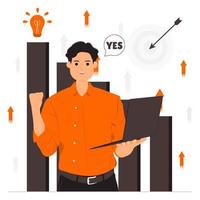 Happy businessman achieve target goals with fist pump holding laptop illustration vector