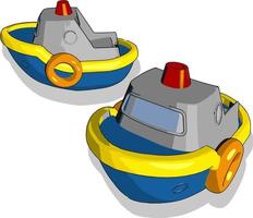 Dos pequeños barcos azules de juguete, ilustración, vector sobre fondo blanco.