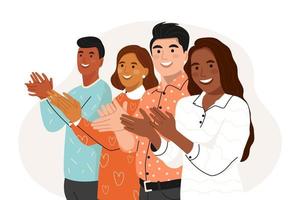 Smiling multicultural People Clapping Hands thanking or Showing appreciation at event. People Applaud celebrate good deal. acknowledgement and Gratitude. Flat vector illustration.