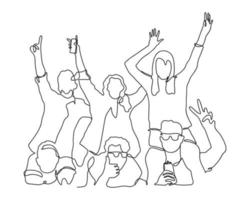 Line art drawing of cheerful crowd. Hands up. Group of Applause people, continuous one Line vector illustration. People standing at concert, meeting. Concept of happy Audience.