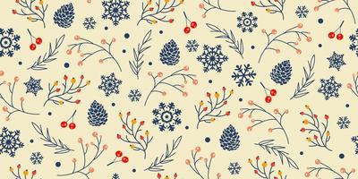 Winter seamless vector Pattern with Snowflakes, berries, branches and fir cones. Part of Christmas backgrounds collection. Can be used for wallpaper, pattern fills, fabric prints, surface textures.