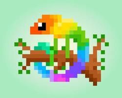 Pixel 8 bit chameleon on tree. Animal game assets in vector illustration.