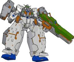 Strong robot with big gun, illustration, vector on white background.