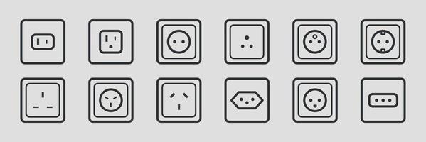 Different type power socket line icon set. Electric plug symbols. Power device for home. Informational signs. Vector  illustration