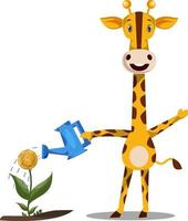 Giraffe watering plants, illustration, vector on white background.