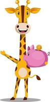 Giraffe with piggy bank, illustration, vector on white background.