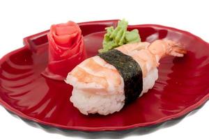 Shrimp sushi closeup isolated on white background photo