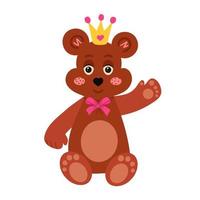 Bear with a crown on his head and a butterfly around his neck. Illustration for backgrounds and packaging. Image can be used for greeting card, poster and sticker. Isolated on white background. vector