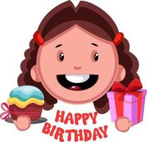 Girl with birthday present, illustration, vector on white background.