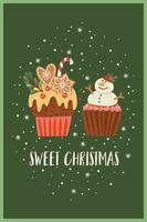 Christmas and Happy New Year card with christmas sweet. Trendy retro style. Vector design template.