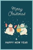 tarjeta de navidad y feliz año nuevo con muñecos de nieve. estilo retro de moda. plantilla de diseño vectorial. vector