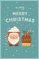 Christmas and Happy New Year card with christmas sweet and drink. Trendy retro style. Vector design template.