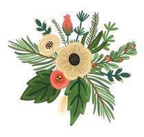 arreglo floral de navidad y feliz año nuevo. árbol de navidad, flores, bayas. ilustración aislada. diseño de elementos vector