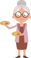 abuela con pizza, ilustración, vector sobre fondo blanco.