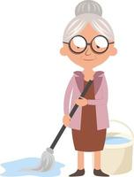 Granny with mop, illustration, vector on white background.