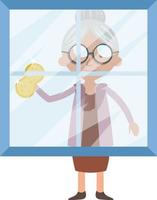 Granny cleaning window, illustration, vector on white background.