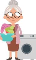 abuela con lavadora, ilustración, vector sobre fondo blanco.