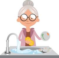 Granny cleaning dishes, illustration, vector on white background.