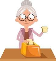 Granny using toaster, illustration, vector on white background.