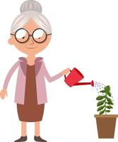 Granny watering plant, illustration, vector on white background.