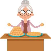 abuela con galletas, ilustración, vector sobre fondo blanco.