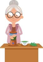 Granny mezclando alimentos, ilustración, vector sobre fondo blanco.